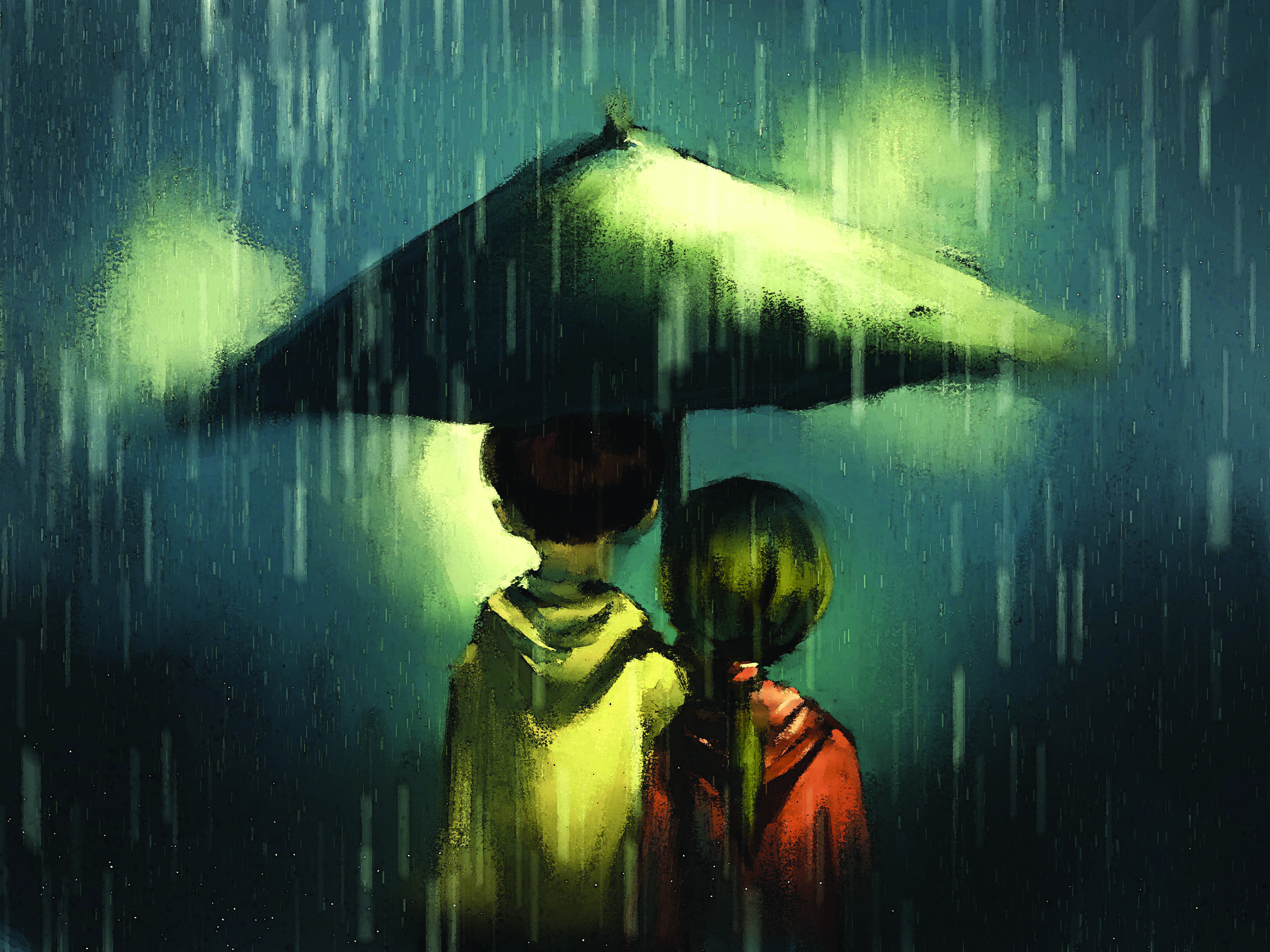 Couple walking in rainy