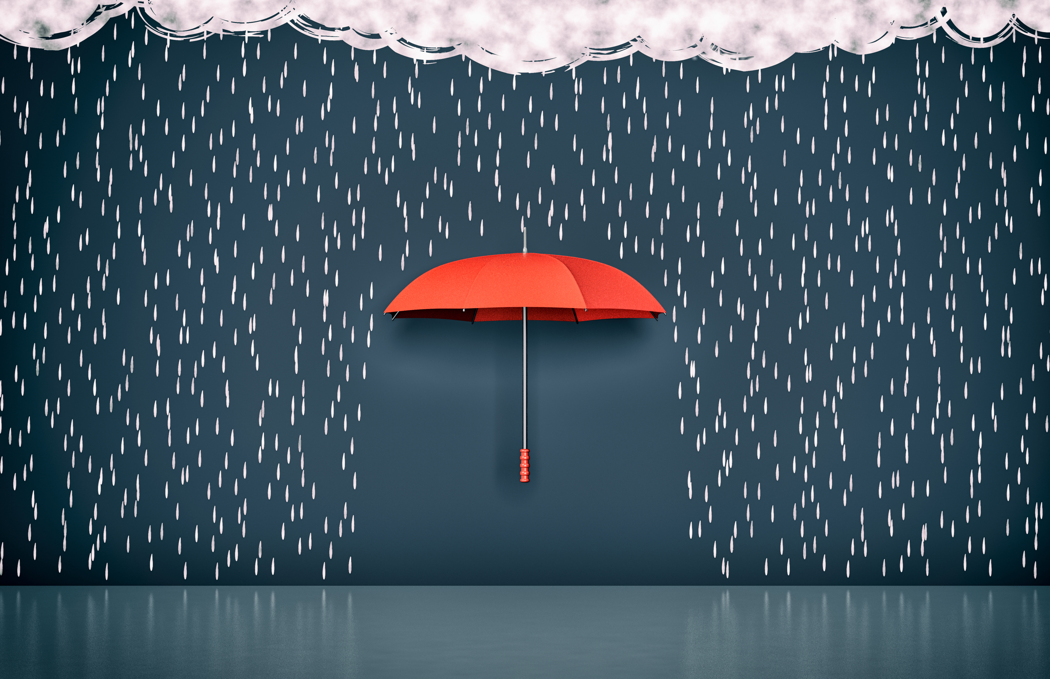 wall with the drawing of dark clouds, rain and one umbrella, concept of protection and security (3d render)